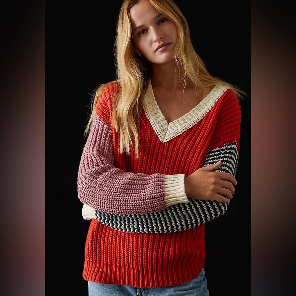 Birds of Paradise by Trovata Colorblock V Neck Knit Sweater S